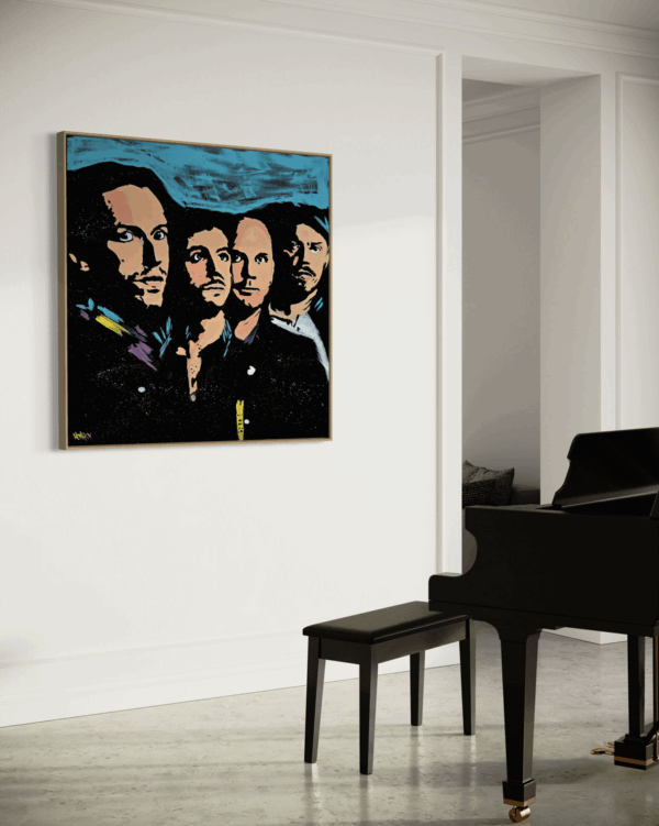 Henrix original artwork featuring Coldplay band members, painted in tones of blue, black, and peach.
